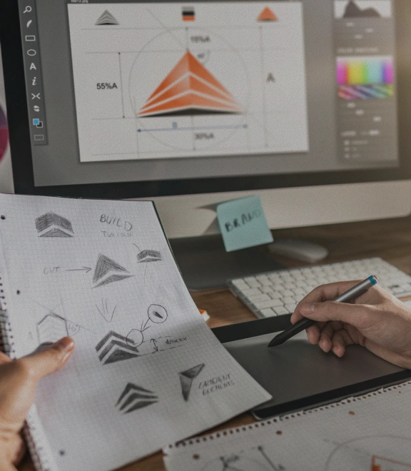 Designer sketching logo concepts on paper with computer showing design software in background
