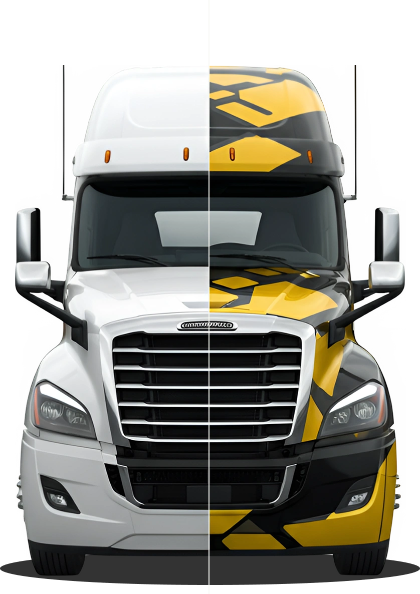 Split-screen comparison: plain white truck vs. custom yellow geometric wrap design