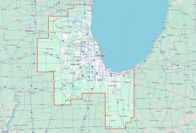 Map showing company service area covering Chicago and surrounding suburbs