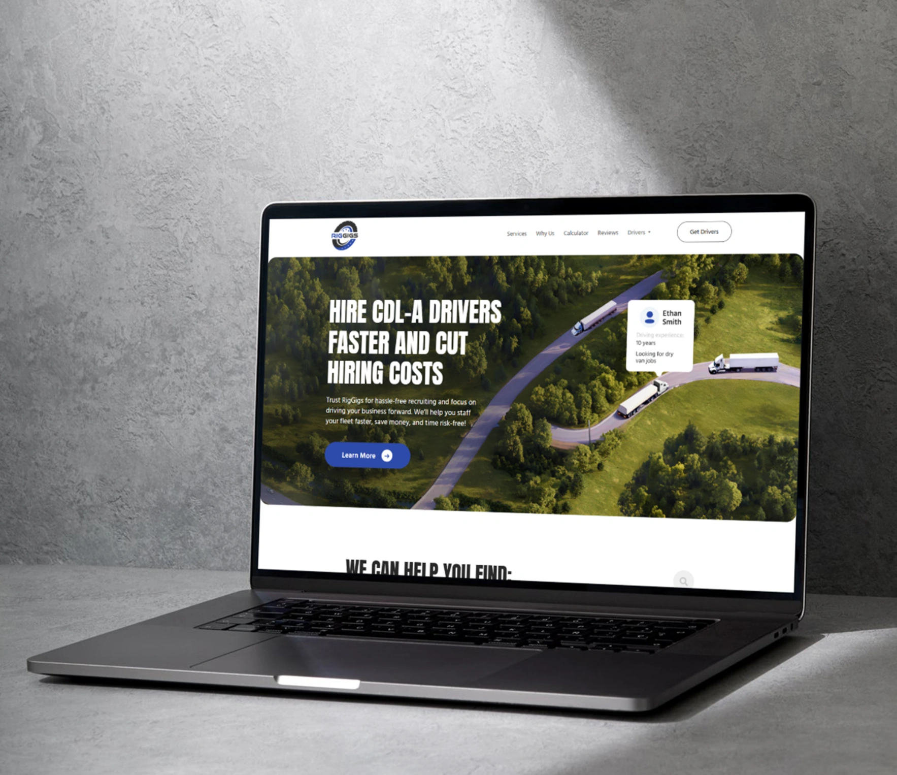 RigGigs website displayed on laptop showing driver recruitment landing page