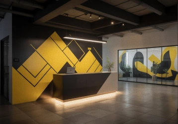 Modern office reception with wall graphics and branded glass conference room