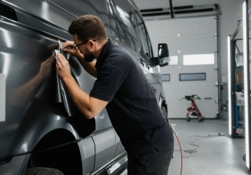 Professional technician applying vehicle wrap graphics
